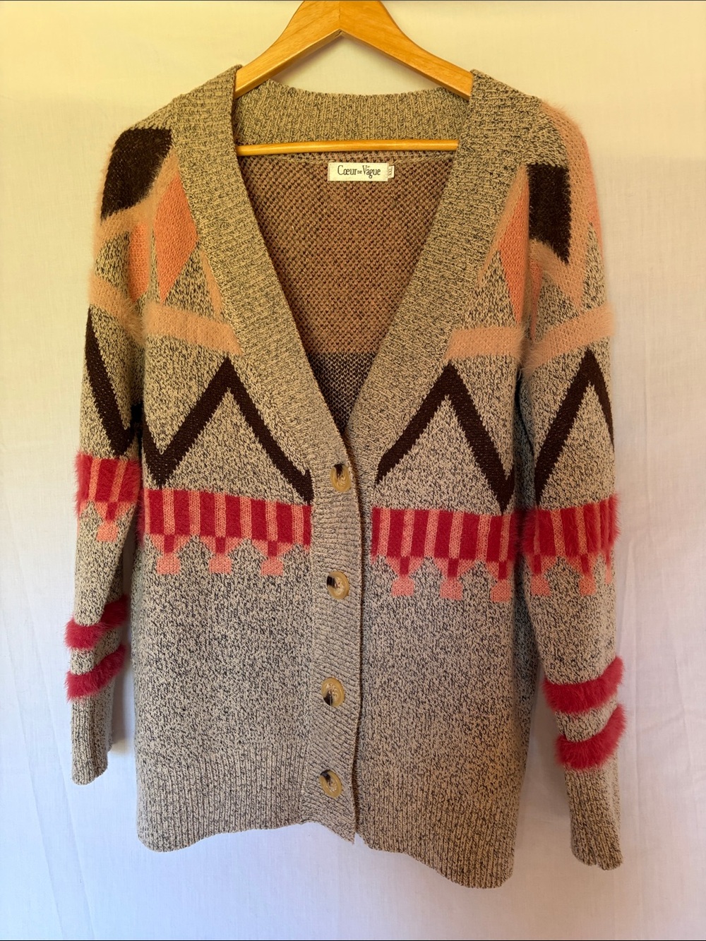 Cozy Geometric Taupe Cardigan with Pink Accents